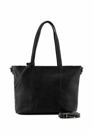 Sac fourre-tout en cuir noir avec deux longues poignées, une fermeture éclair et une bandoulière amovible. Texture lisse avec des détails de couture minimalistes.