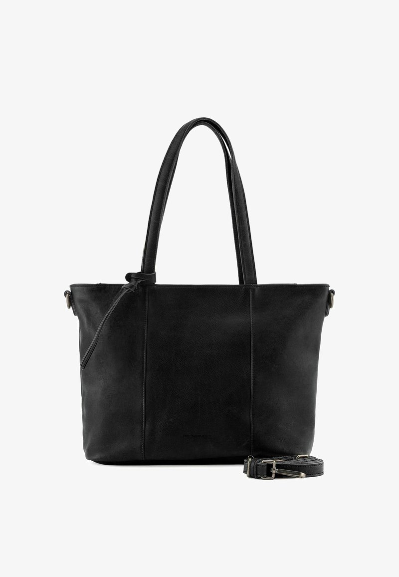 Borsa a tote in pelle nera con due lunghe maniglie, chiusura con zip e tracolla rimovibile. Texture liscia con dettagli di cucitura minimi.