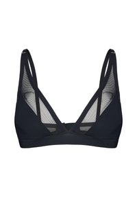 Čierna braletka s hlbokým výstrihom do V, nastaviteľnými ramienkami a priehľadnými sieťovinovými vložkami na prednej a bočných stranách.