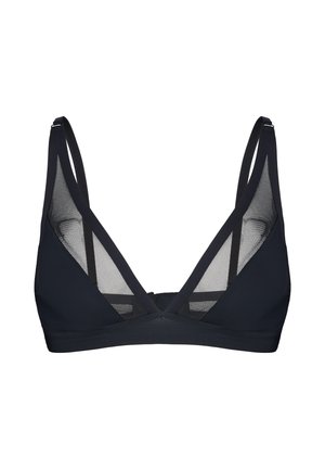Czarny biustonosz typu bralette z głębokim dekoltem w szpic, regulowanymi ramiączkami i przezroczystymi wstawkami z siateczki z przodu i po bokach.