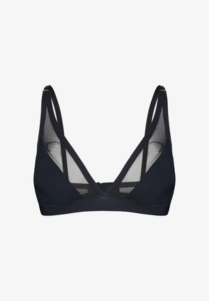 Czarny biustonosz typu bralette z głębokim dekoltem w szpic, regulowanymi ramiączkami i przezroczystymi wstawkami z siateczki z przodu i po bokach.