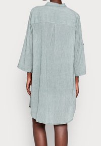 Vista posteriore di una persona che indossa un abito camicia leggero e ampio di colore verde chiaro, lungo fino al ginocchio, con maniche a tre quarti e una piega centrale.