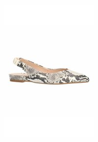 Slingback ballerina's in slangenprint, met een spitse neus, gestructureerd oppervlak en een lage hak in neutrale tonen.