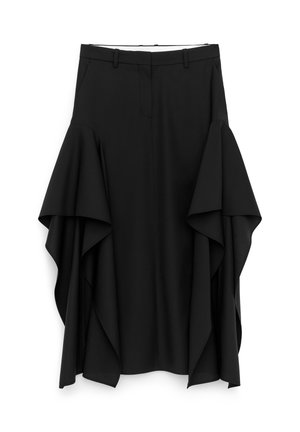 Gonna midi nera con pannelli a balze a cascata asimmetrici ai lati e passanti per cintura in vita.