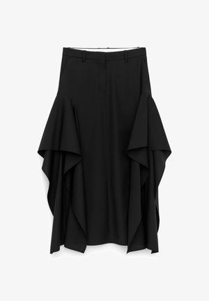 Zwarte midirok met hoog-laag vallende ruches aan beide zijden en lussen voor een riem aan de tailleband.