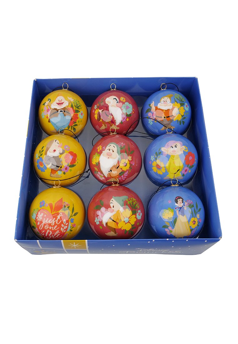 Ensemble de neuf ornements ronds décoratifs aux couleurs vives (jaune, rouge, bleu), arborant des motifs floraux et des illustrations de personnages de Blanche-Neige.