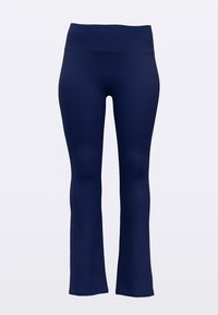 Tamsiai mėlynos, platėjančios tamprės su aukšta liemenėle, pagamintos iš tamprios medžiagos, pasižyminčios lygiu paviršiumi ir be matomų siūlių ar raštų.