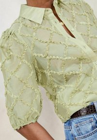 Durchsichtige grüne Bluse mit einem Rautenmuster, das durch Rüsche akzentuiert wird, mit einem Knopfkragen und Puffärmeln, kombiniert mit Jeansshorts.