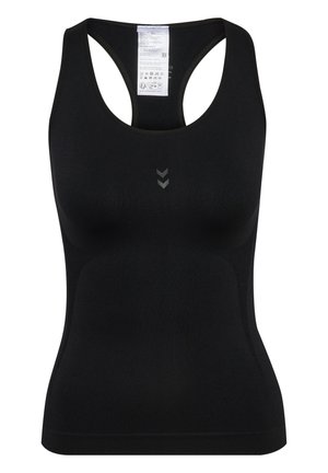 Zwarte atletische tanktop met een racerback-ontwerp. Gemaakt van rekbare stof, voorzien van een subtiel logo en een gladde textuur. Labels zichtbaar aan de binnenkant.