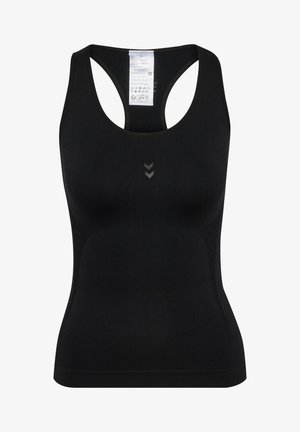 Schwarzes sportliches Tanktop mit Racerback-Design. Besteht aus dehnbarem Stoff, mit einem dezenten Logo und glatter Textur. Innen sind Etiketten sichtbar.