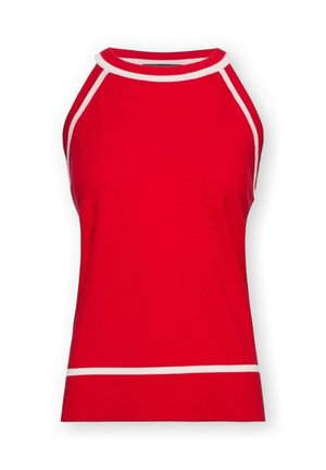 Top rosso senza maniche con bordi bianchi lungo lo scollo, le asole delle braccia e l'orlo, esposto su uno sfondo bianco.