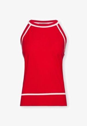 Haut rouge sans manches avec bordure blanche le long de l'encolure, des emmanchures et de l'ourlet, présenté sur un fond blanc.