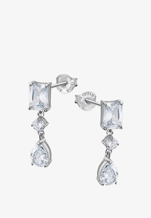 Boucles d'oreilles en argent sterling mettant en valeur trois pierres claires et facettées : une pierre rectangulaire en haut, une pierre ronde plus petite, et une pierre en forme de goutte en dessous.