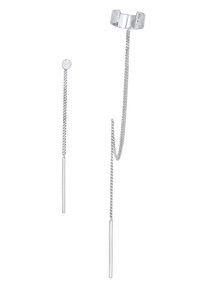 Pendientes de plata con un studs circular texturizado y una cadena larga con un colgante de barra recta, que exhiben un diseño moderno y elegante.