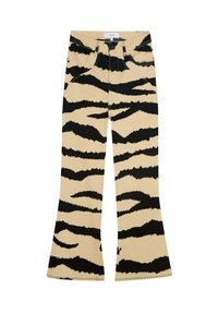 Bredde jeans i beige denim med et dristigt sort tigerm�ønster, fem lommer, lukning foran med knap og kontrastsying.