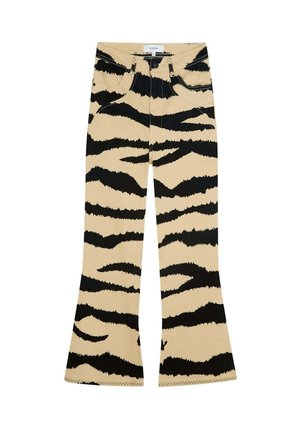 Jeans a zampa d'elefante in denim beige con un audace motivo a strisce nere a forma di tigre, cinque tasche, chiusura frontale con bottone e cuciture a contrasto.