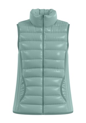 Jasnoniebieska bezrękawnik z ociepleniem, z zamkiem błyskawicznym z przodu, wysokim kołnierzem i bocznymi kieszeniami.