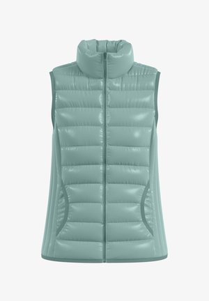Lichtblauwe mouwloze gevoerde vest met rits aan de voorkant, hoge kraag en zijzakken.