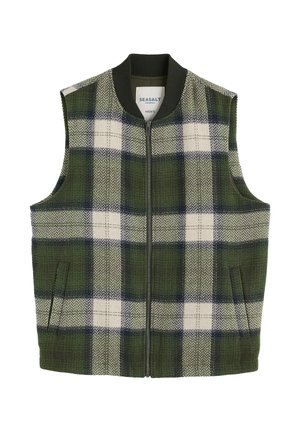 Men’s zip-up sleeveless vest with green, navy, and cream plaid pattern and ribbed collar, featuring side pockets.