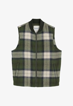 Gilet sans manches zippé pour homme avec un motif à carreaux vert, marine et écru, et un col côtelé, comportant des poches latérales.