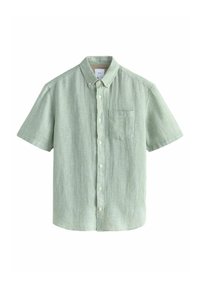 Light green short-sleeve shirt with button-down collar, single chest pocket, and textured fabric featuring a subtle pattern.