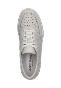Light grey perforated leather sneaker with white laces, round toe, and white rubber sole, featuring subtle brand logo on the insole.