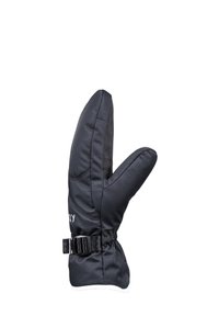 Schwarze isolierte Handschuh mit einem geteilten Design für Daumen und Finger, ausgestattet mit einem Schnallenriemen und kontrastierenden weißen Akzenten am Handgelenk.