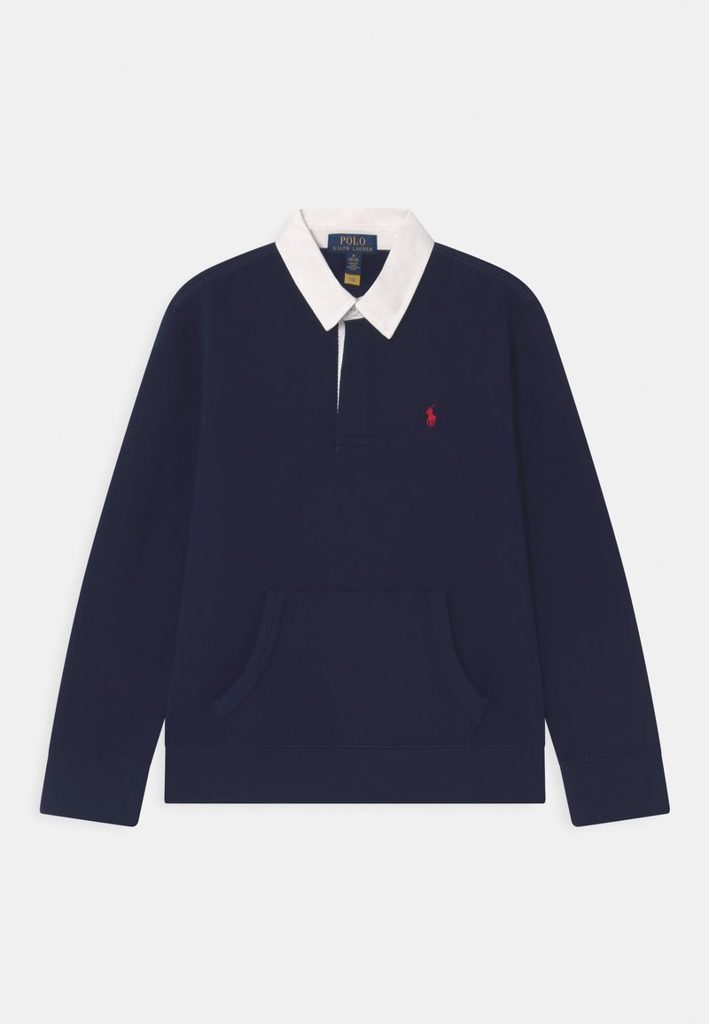 Pull léger marine avec col blanc et fermeture éclair à mi-hauteur à l'avant. Présente un logo rouge sur la poitrine et une poche kangourou à l'avant. Texture lisse.
