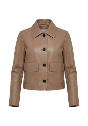 Taupe kort læderjakke med spids krave, fire sorte foran knapper og to påsyede lommer med klapper.