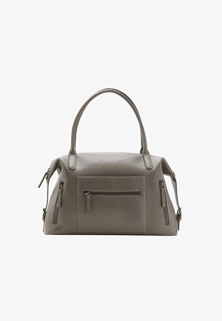 Szara skórzana torba o zorganizowanej konstrukcji, z podwójnymi uchwytami i dwoma przednimi kieszeniami na zamek. Gładka faktura ze szwami.