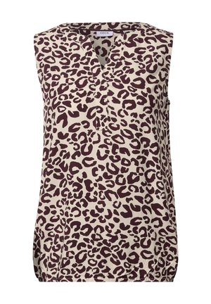 Top senza maniche color crema con stampa leopardata color vino. Presenta un collo a V e una vestibilità rilassata con spacchi laterali sull'orlo.