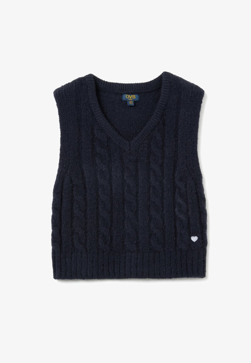 Navy gestrickte Weste mit V-Ausschnitt, mit Zopfmustern und geripptem Saum. Kleines weißes Herzdetail in der unteren rechten Ecke.