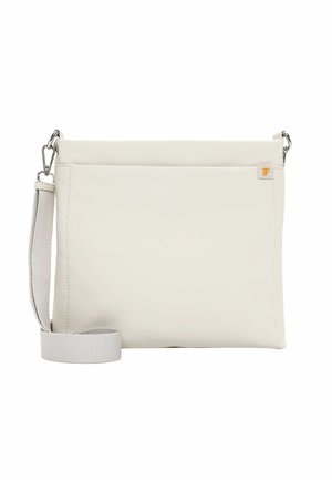 Borsa a tracolla rettangolare color crema con tracolla regolabile in tessuto e piccola etichetta con logo arancione nell'angolo superiore destro.