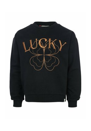 Zwarte sweatshirt met bronzen borduursel van het woord "LUCKY" boven een ontwerp van een klavertje vier op de voorkant.