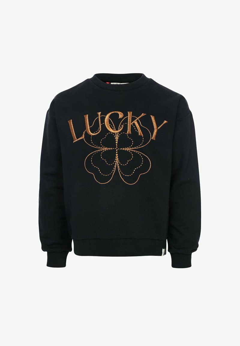Zwarte sweatshirt met bronzen borduursel van het woord "LUCKY" boven een ontwerp van een klavertje vier op de voorkant.