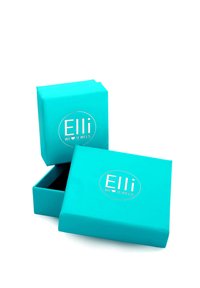 Boîte à bijoux turquoise avec une finition brillante, arborant un logo en argent "Elli WE ♥ JEWELS" sur le devant, ainsi qu'une petite couche de boîte ouverte.
