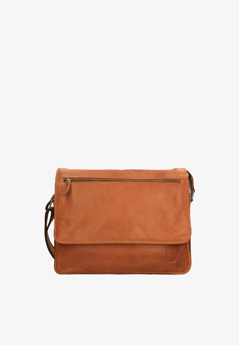 Borsa messaggera in cuoio tan con patta anteriore e tasca con cerniera. Caratterizzata da una tracolla e una texture liscia, con dettagli di cucitura minimi.