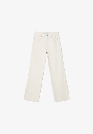 Weiße lässige Jeans aus Denim mit hochgeschnittenem Bund, Fronttaschen und Knopfverschluss. Schlichtes Design mit minimalen Akzenten.