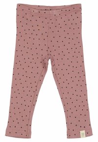 Roze geribde legging met zwarte hartpatronen. Elastische tailleband en gestikte zoom. Etiket zichtbaar rechtsonder met "PP."