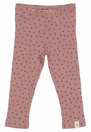 Leggings de color rosa con textura acanalada y estampado de corazones negros. Cintura elástica y dobladillo cosido. Etiqueta visible en la esquina inferior derecha con "PP".