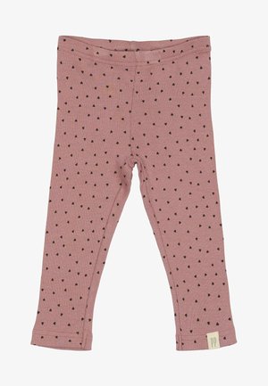 Leggings rosa a coste con motivi a cuore neri. Vita elastica e orlo cucito. Etichetta visibile in basso a destra con "PP."