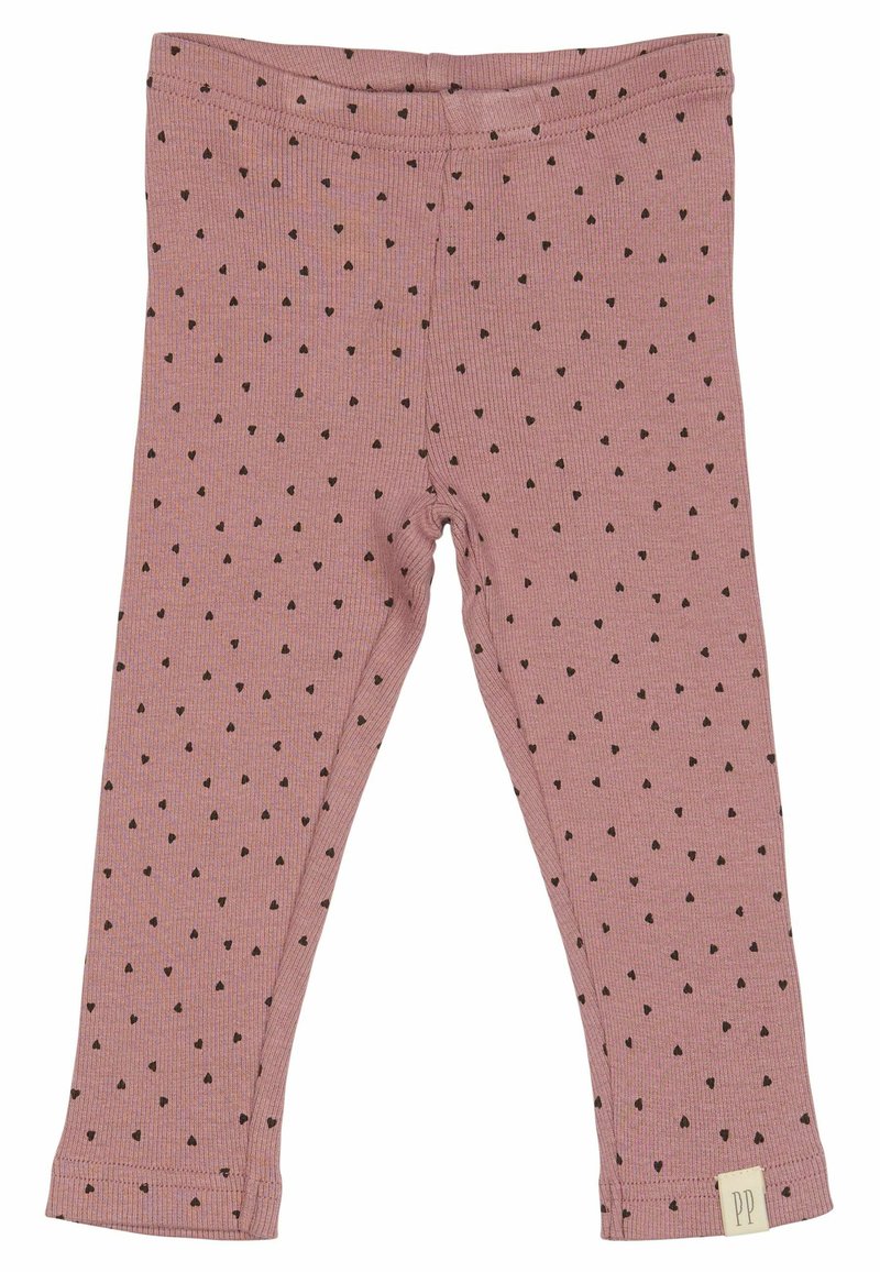 Roze geribde legging met zwarte hartpatronen. Elastische tailleband en gestikte zoom. Etiket zichtbaar rechtsonder met "PP."