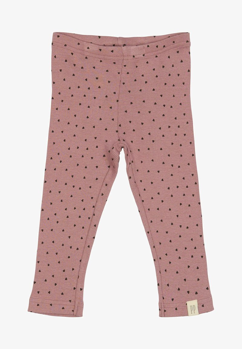 Roza rebraste lege z vzorcem črnih src. Elastičen pas in prišita obroba. Oznaka vidna v spodnjem desnem kotu z "PP."