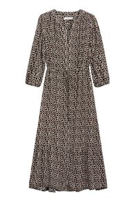 Robe midi noire à fleurs avec manches longues, encolure en V, taille cintrée et jupe à volants. Présente de petits motifs floraux beiges.