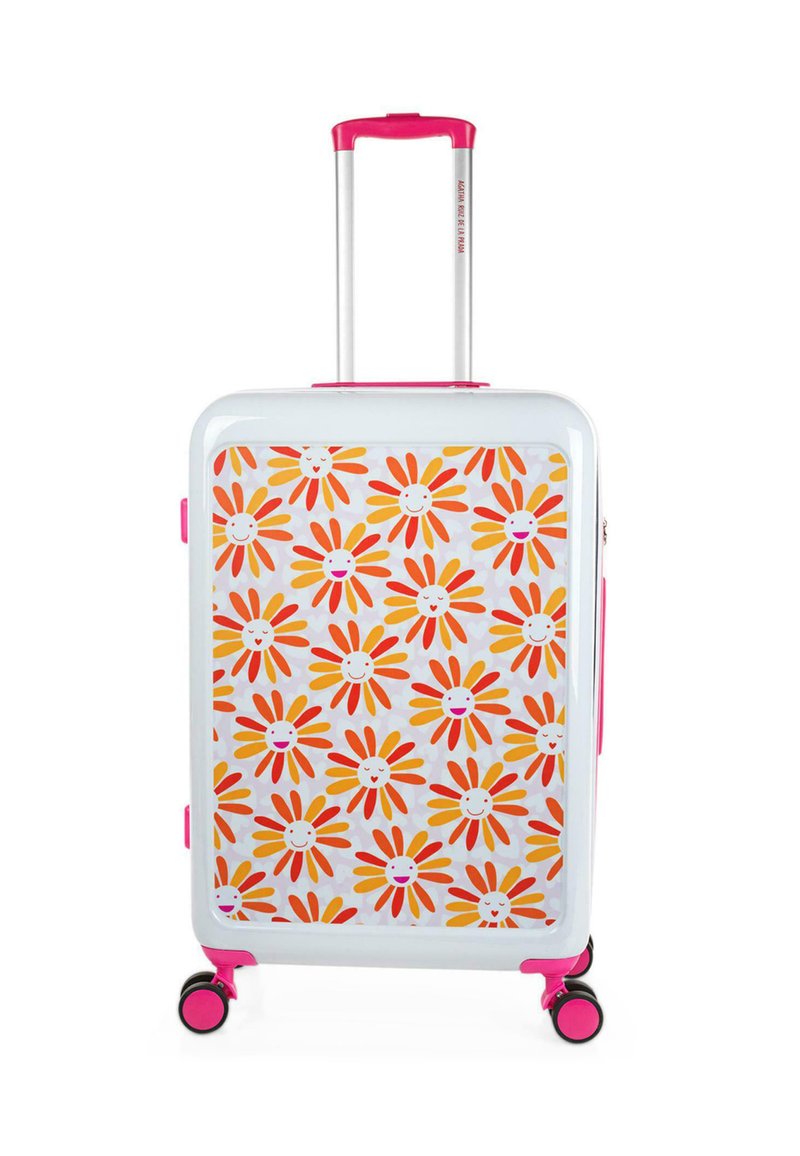 Maleta rígida con un cuerpo blanco, detalles en rosa y un patrón de flores en naranja y amarillo. Incluye un mango retráctil y cuatro ruedas.