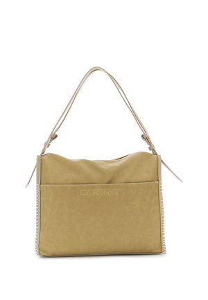 Borsa a tracolla in camoscio beige con doppi manici, forma rettangolare, bordi cuciti bianchi e logo "CARENEOR" discretamente impresso sulla tasca frontale.