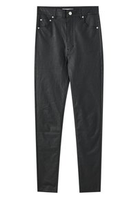 Pantalon skinny noir taille haute en similicuir avec bouton frontal, fermeture éclair et design à cinq poches, posé à plat sur fond blanc.