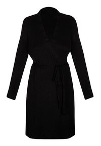 Schwarzer, langer und ärmelloser Morgenmantel mit Wickeldesign und Gürtel, aus weichem Stoff. Schlichte, glatte Textur ohne Muster oder Verzierungen.