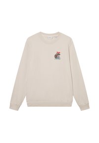 Φωτεινό μπεζ φούτερ κατασκευασμένο από μαλακό υλικό, με μικρή πολύχρωμη γραφική απεικόνιση στο στήθος, μακριά μανίκια και ριμπμάνικια.