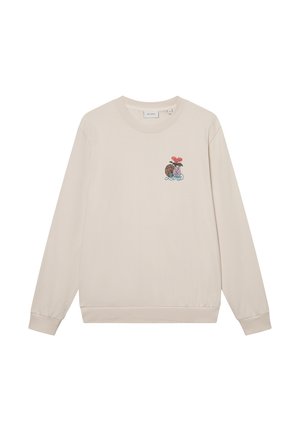 Φωτεινό μπεζ φούτερ κατασκευασμένο από μαλακό υλικό, με μικρή πολύχρωμη γραφική απεικόνιση στο στήθος, μακριά μανίκια και ριμπμάνικια.